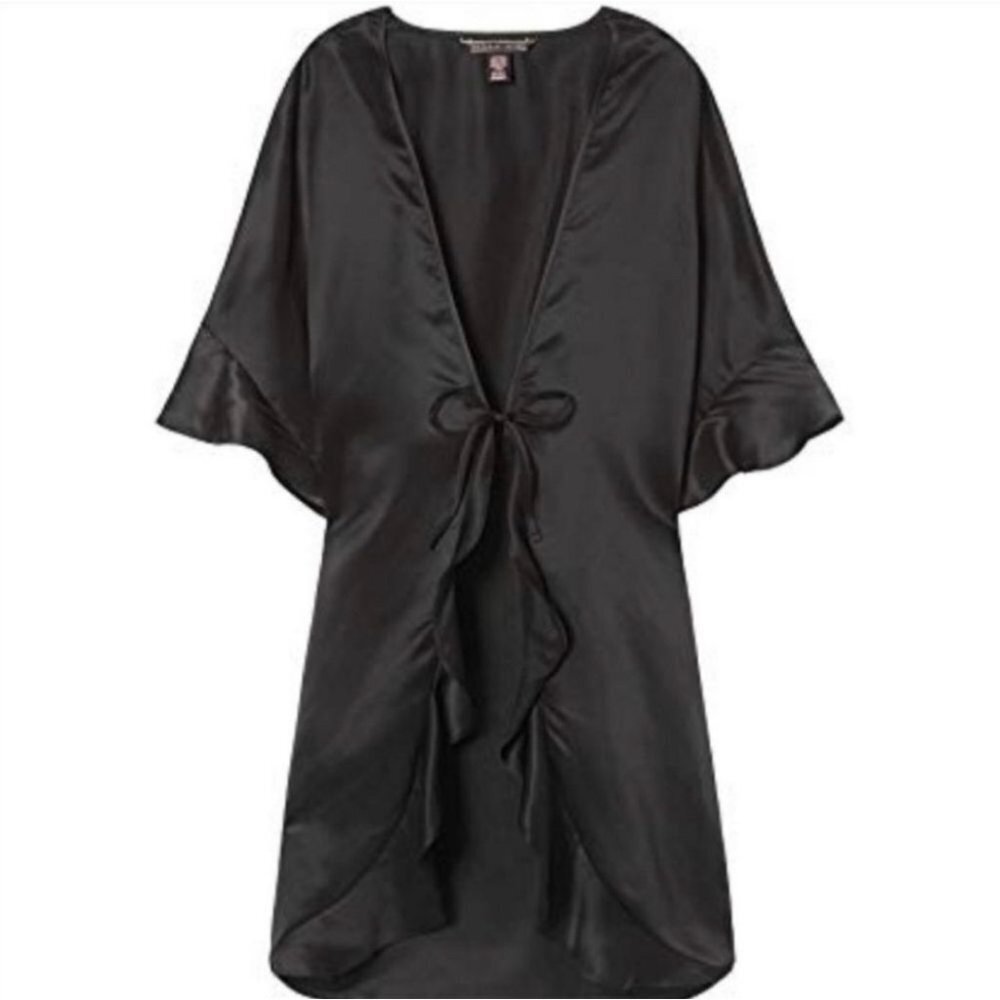 Victorias Secret Kimono Robe Womens One Size Black Satin Ruffle Tie Front Cover - Picture 15 of 15